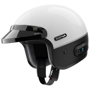 White and black helmet with Sena branding on a white background