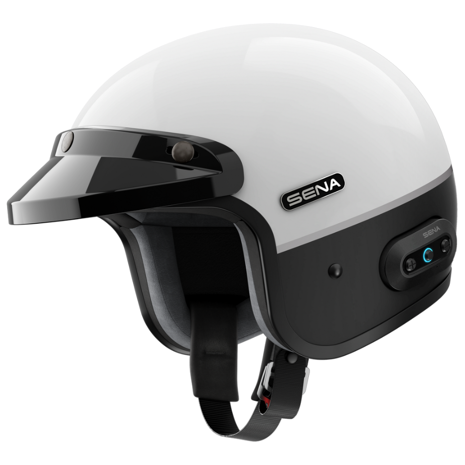 White and black helmet with Sena branding on a white background