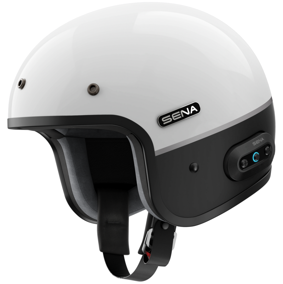 White and black helmet with Sena branding on a white background