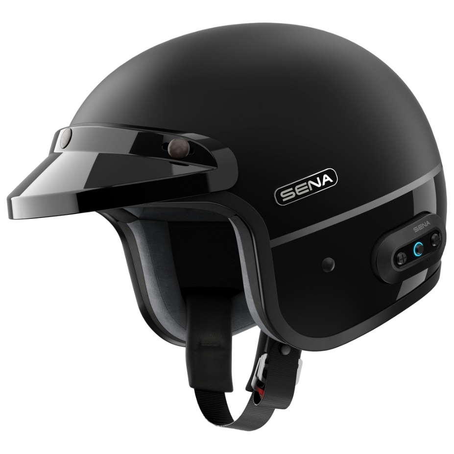 Black helmet with visor and Sena branding on a white background