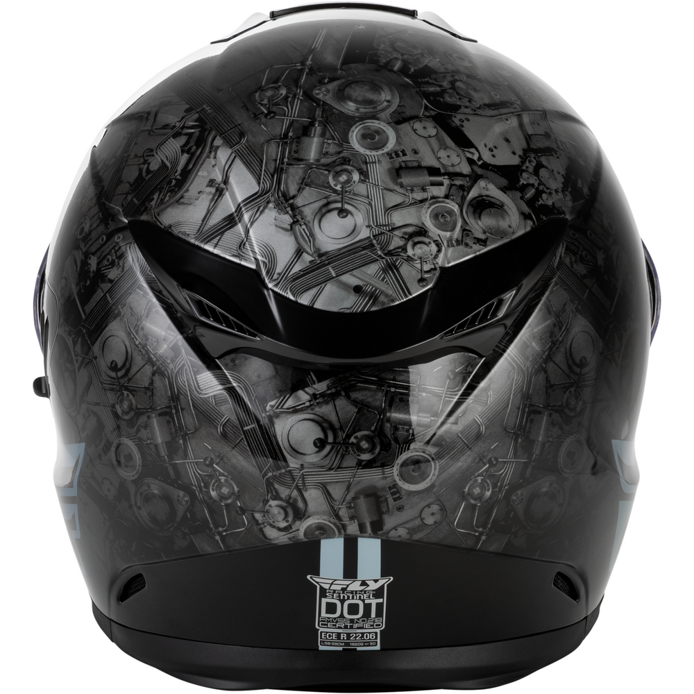 A full-face motorcycle helmet with a glossy black and gray mechanical engine graphic print, featuring a black visor and a black chin bar with a small white and blue logo.