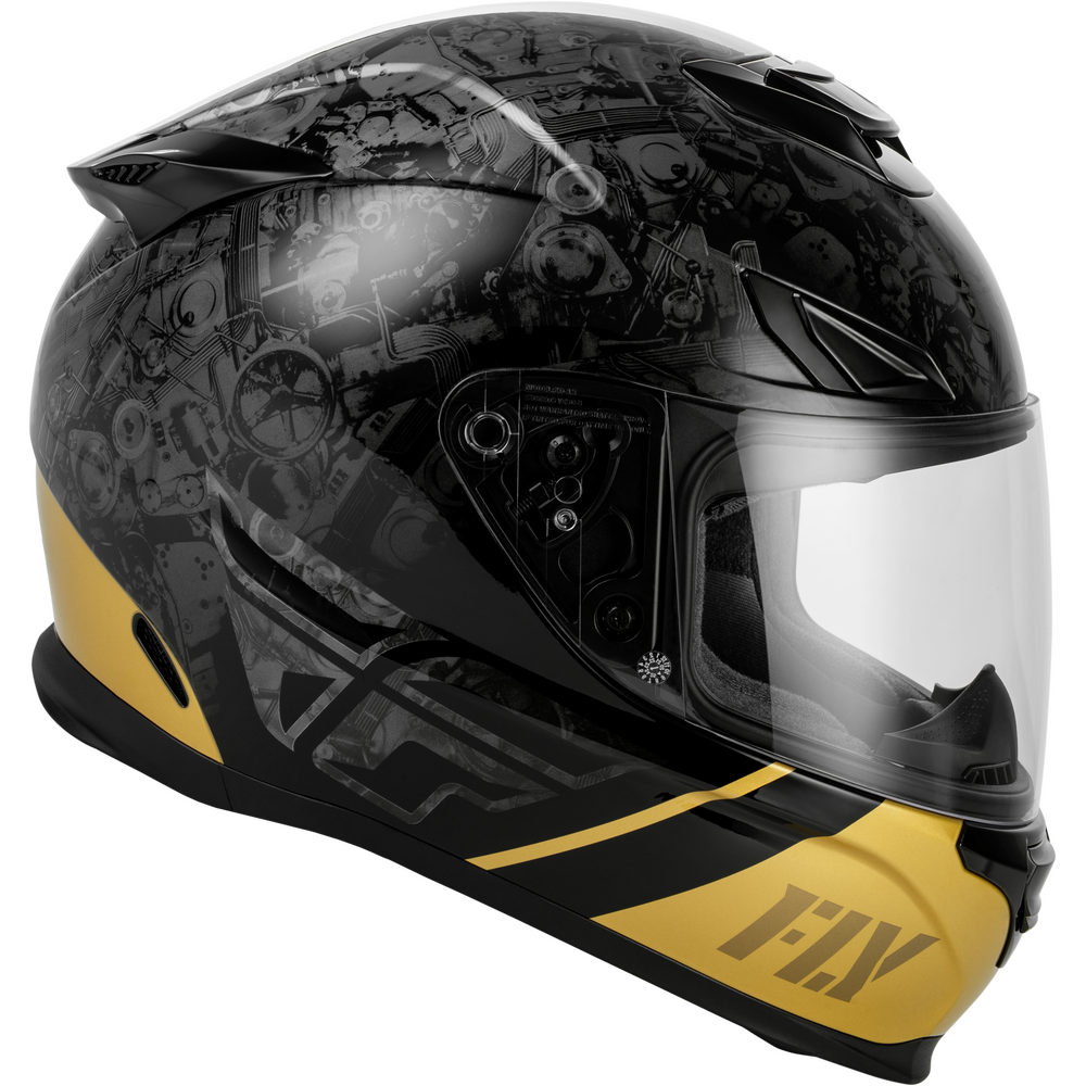A full-face motorcycle helmet in glossy black with a detailed gray graphic pattern and bright yellow accents on the lower sides and chin bar, featuring a clear visor and the 'FLY' brand logo.