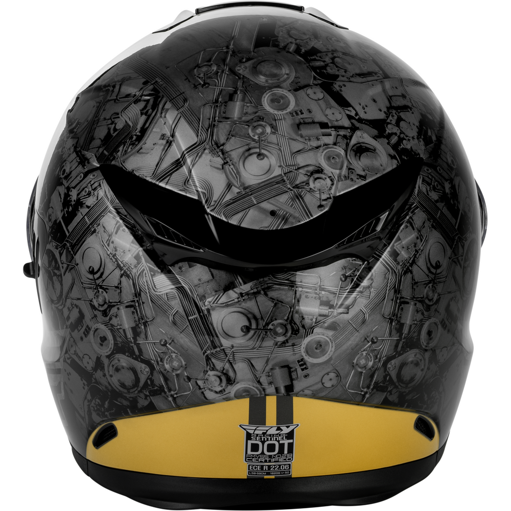A full-face motorcycle helmet featuring a black and gray technical schematic pattern with a bold yellow visor accent and a central black stripe.
