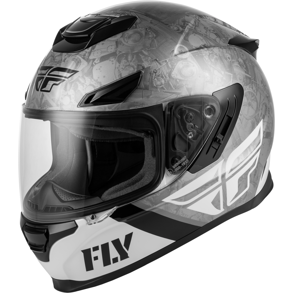 A Fly brand full-face motorcycle helmet featuring a gray and white graphic pattern with black accents, a clear visor, and the Fly logo on the forehead and lower chin area.