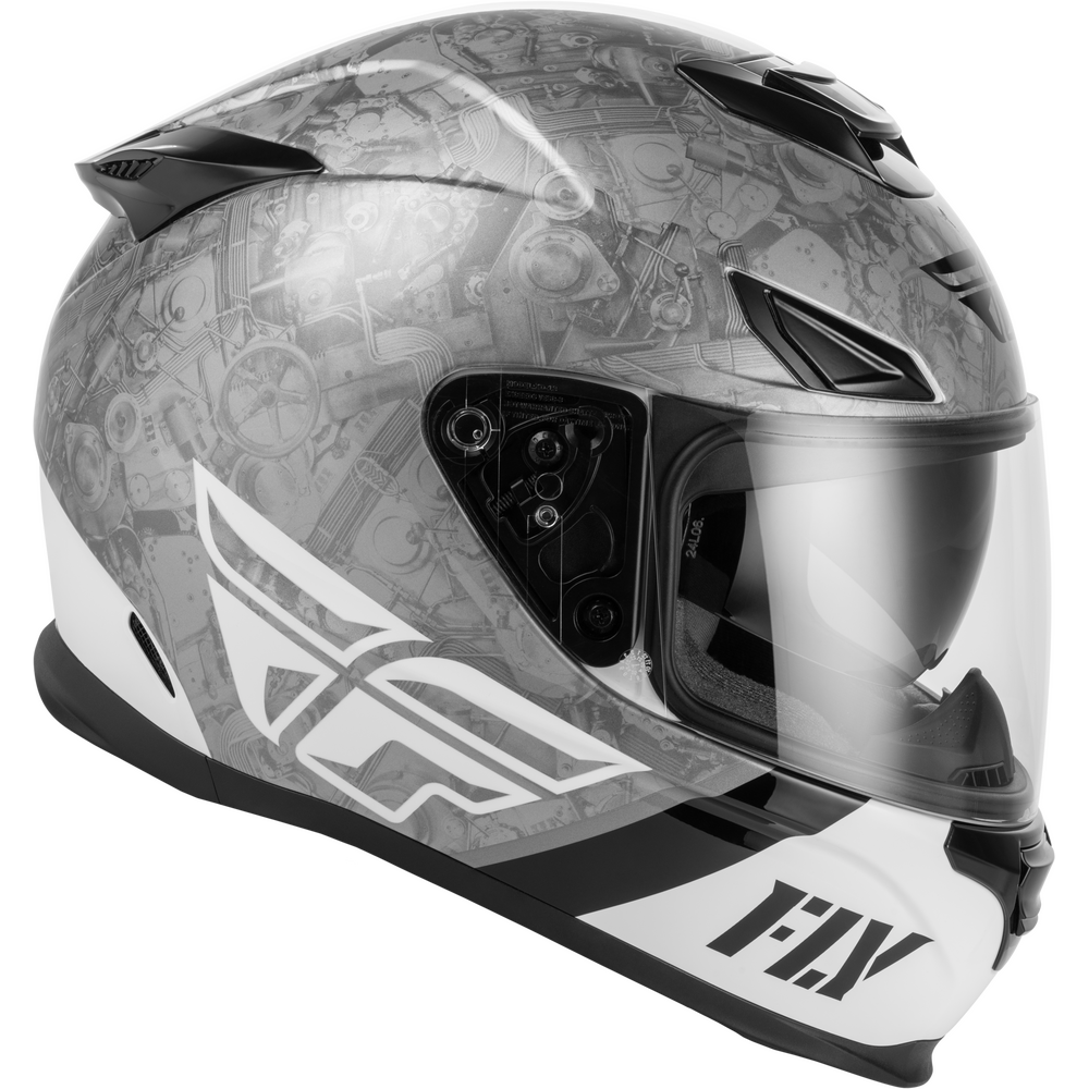 A full-face motorcycle helmet with a gray and white graphic pattern, featuring a clear visor and the 'FLY' brand logo on the chin bar, set against a plain white background.