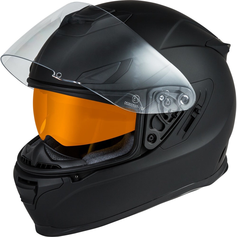 Black motorcycle helmet with orange visor on a white background