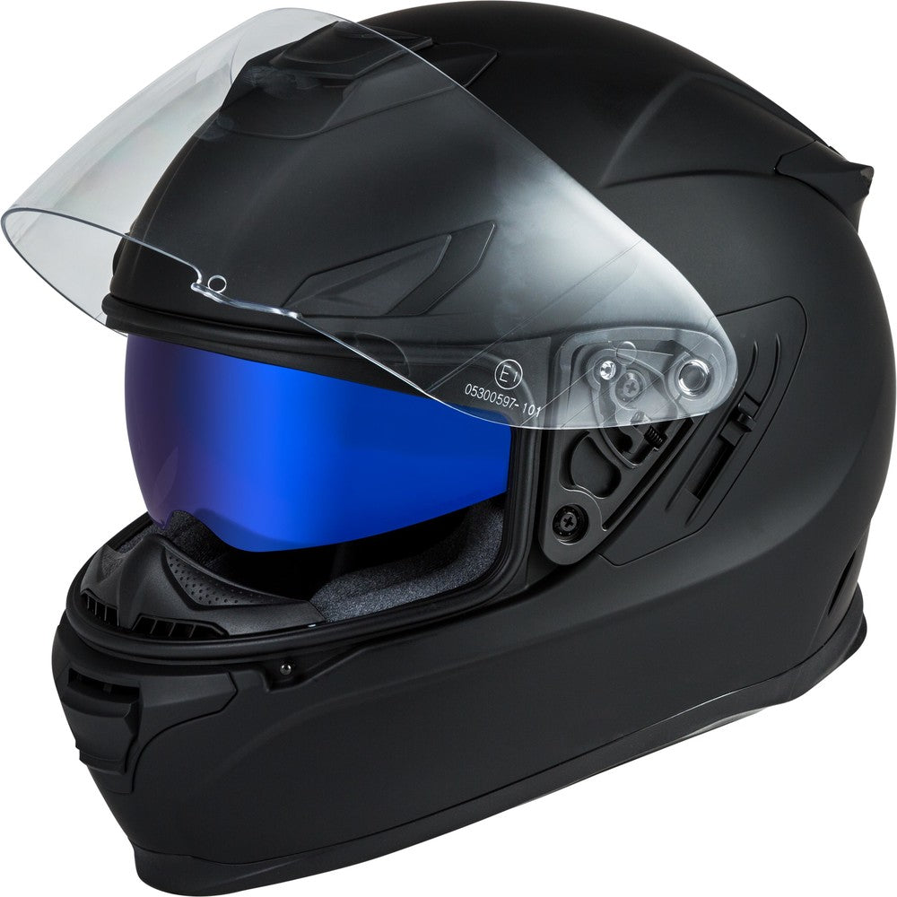 Black motorcycle helmet with a blue visor on a white background