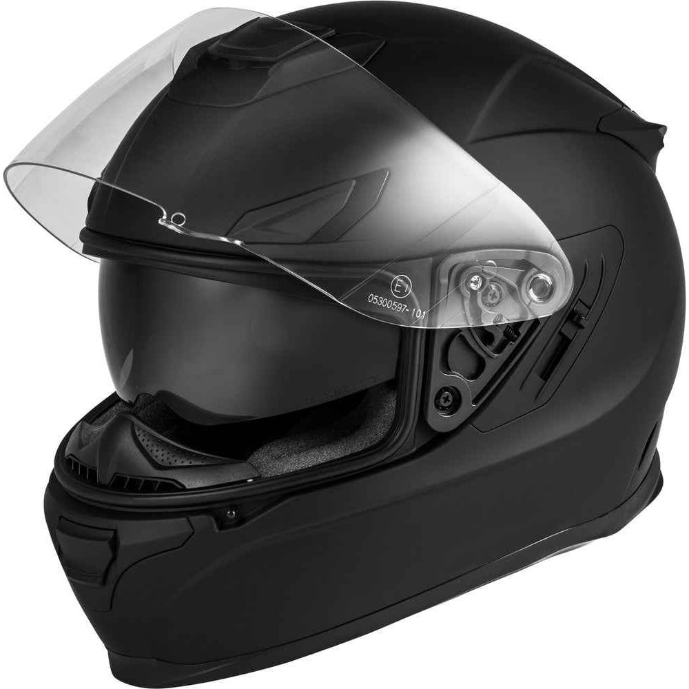 Black motorcycle helmet with clear visor on a white background