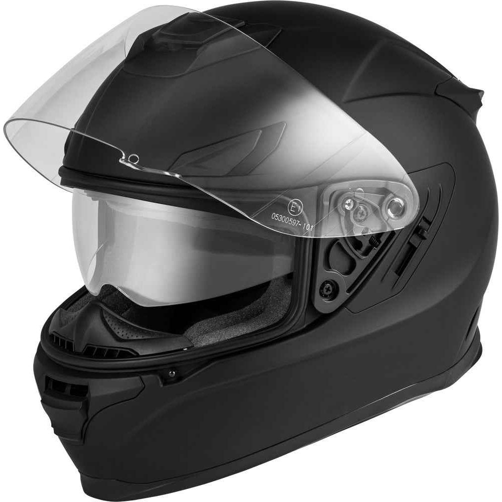 Black motorcycle helmet with clear visor on a white background