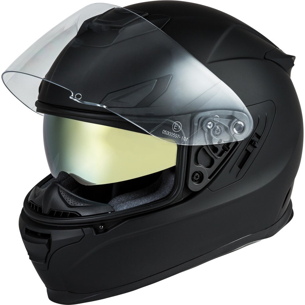Black motorcycle helmet with clear visor on a white background