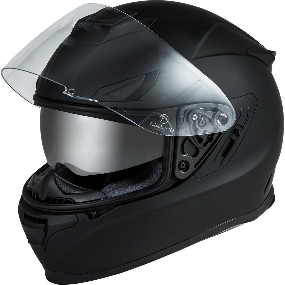 Black motorcycle helmet with clear visor on a white background