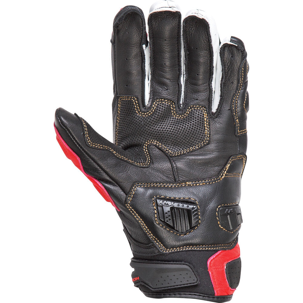 Black leather glove with red accents on a white background