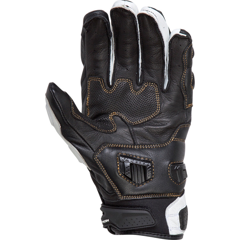 Black leather glove with white accents on a white background