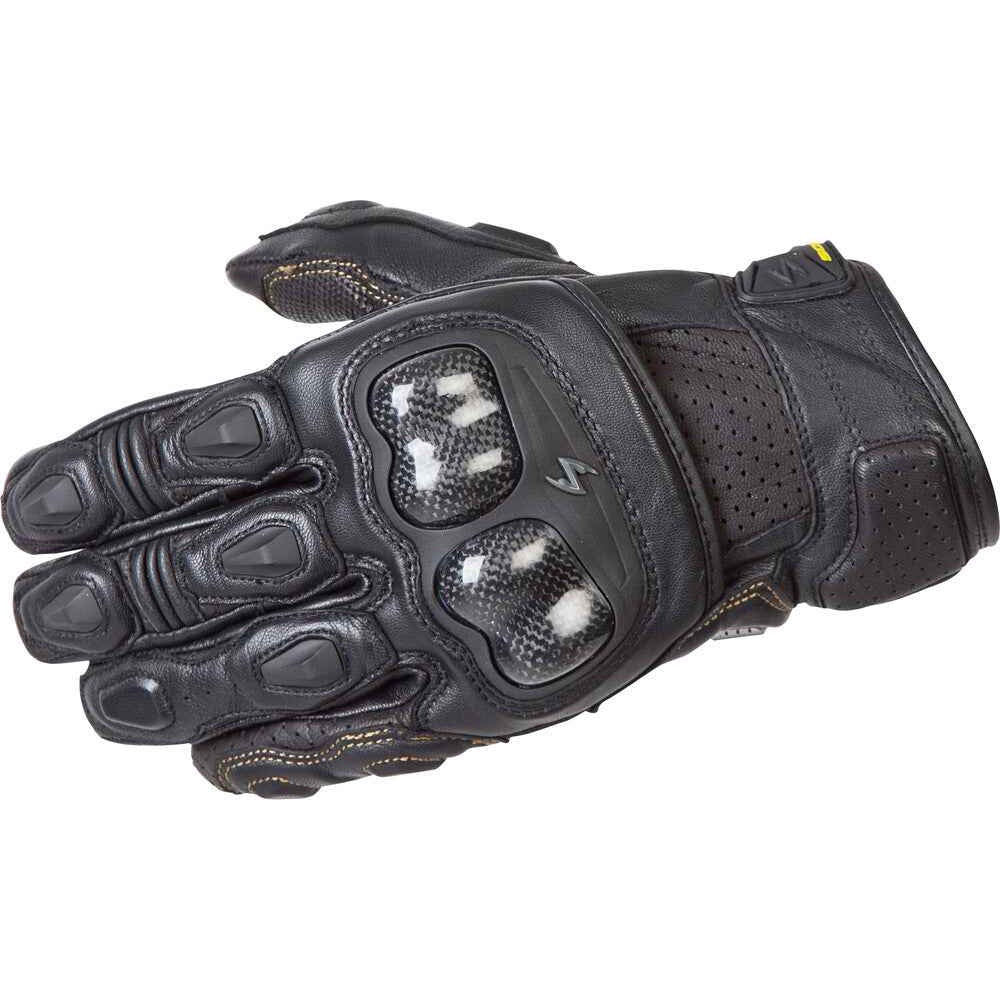 Black motorcycle glove with protective padding on a white background