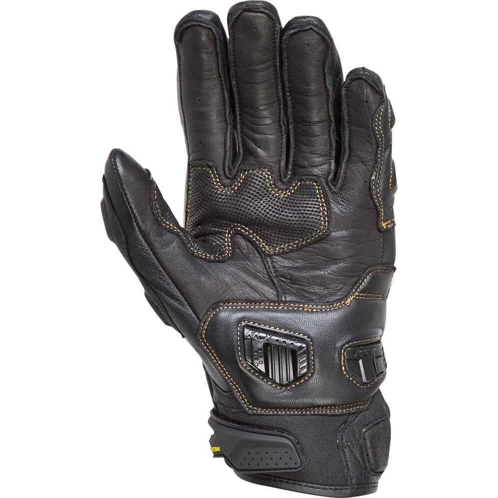 Black leather glove with text on a white background