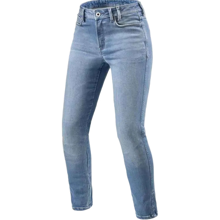 Light blue high-waisted skinny jeans with a subtle whiskering effect on the thighs, shown against a plain light beige background.