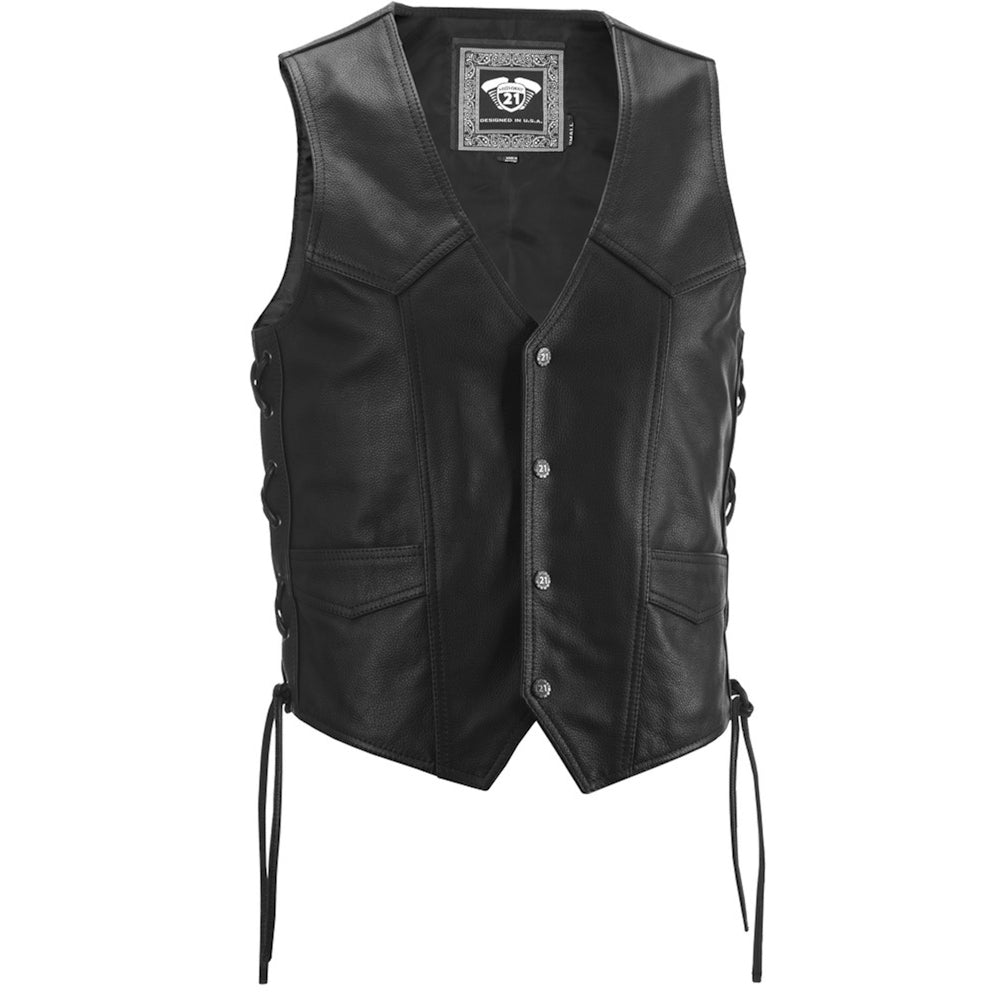 Black leather vest with buttons on a white background