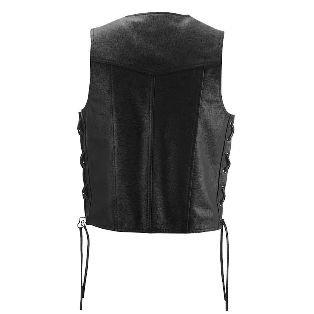 Black leather vest with lace-up front on a white background