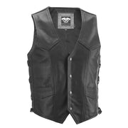 Black leather motorcycle vest with side lacing, snap-button front, and a brand patch on the inner collar, shown against a plain white background.