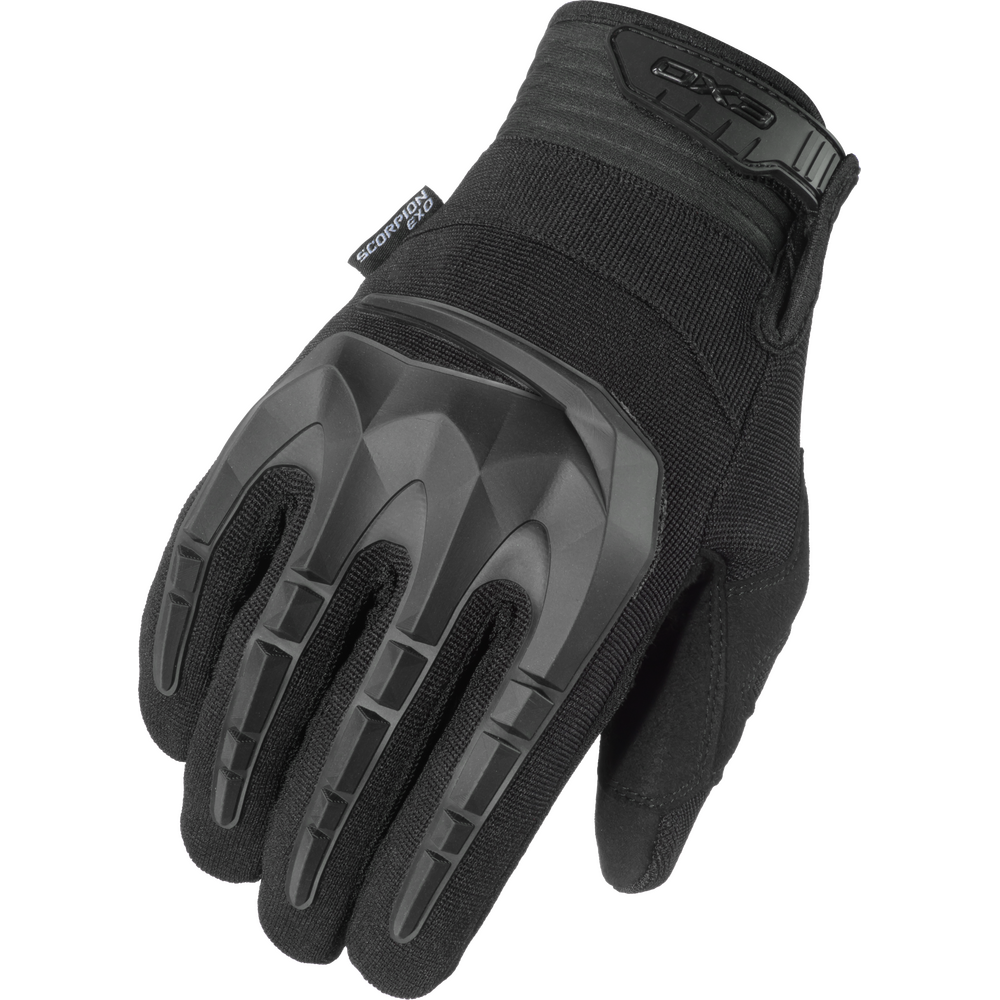 Black tactical glove with text on a white background