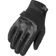 Black tactical glove with text on a white background