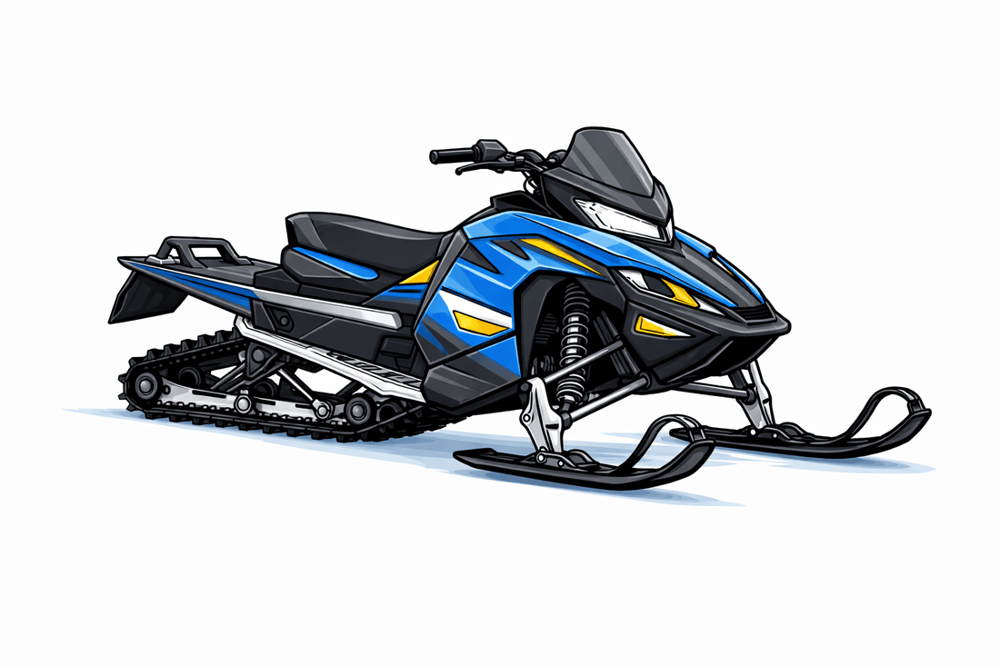 Illustration of a snowmobile with blue and yellow accents on a white background