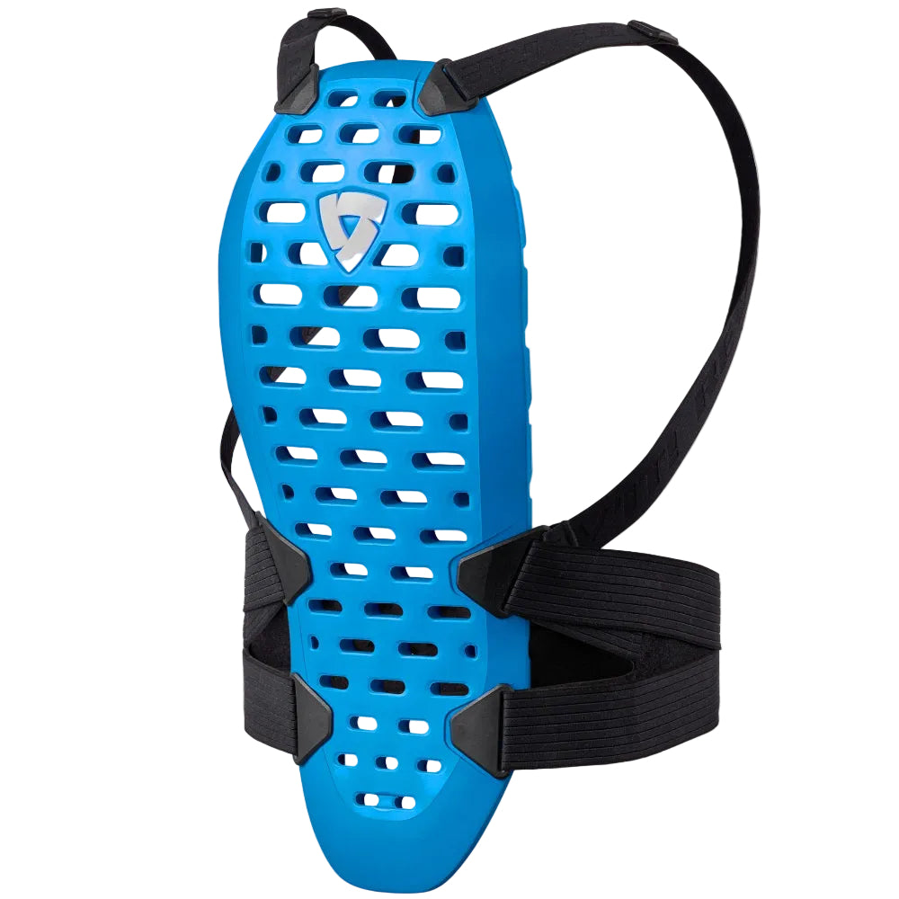 Blue back protector with black straps on a white background