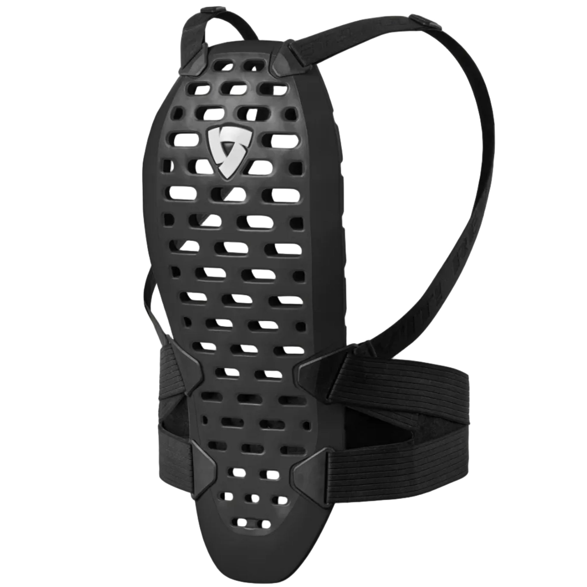 Black back protector with black straps on a white background