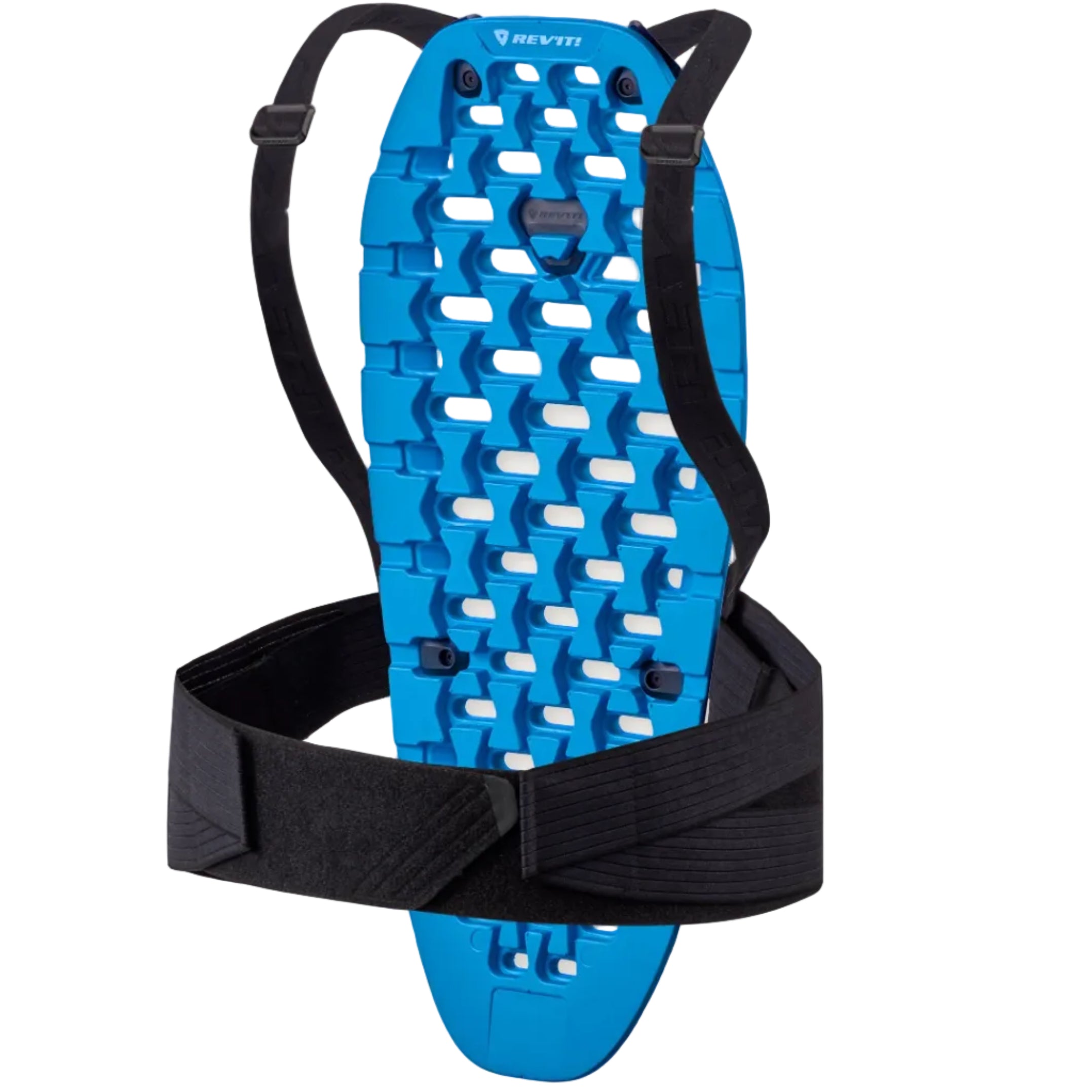 Blue back protector with black straps on a white background