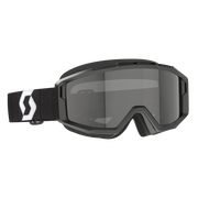 Black goggles with a white logo on a white background