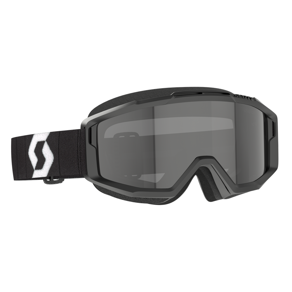 Black goggles with a white logo on a white background
