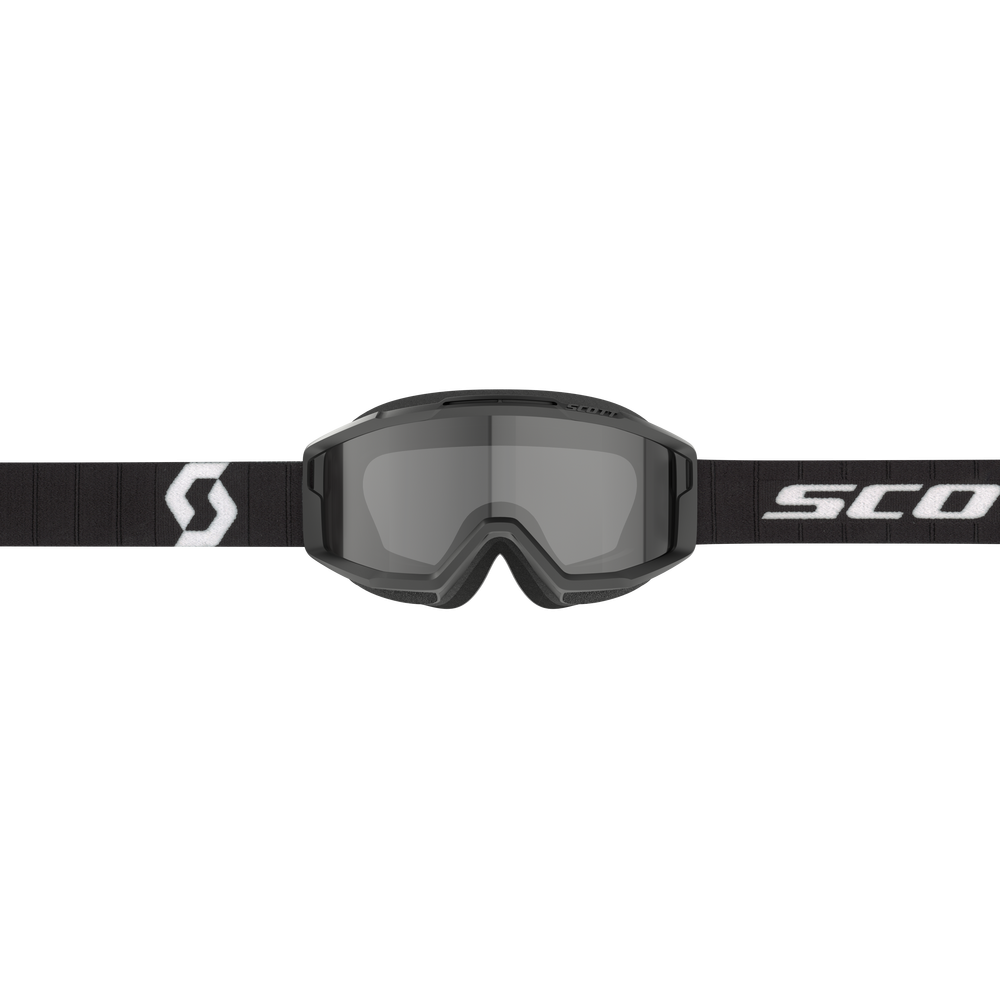 Black goggles with a clear lens on a white background