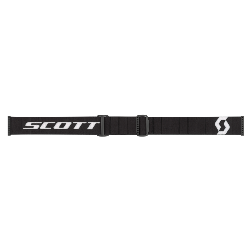 Black goggle strap with Scott logo on a white background