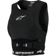 Front Alpinestars motorcycle armor vest with white logo branding, featuring a textured chest panel, side cutouts, and a padded waistband.