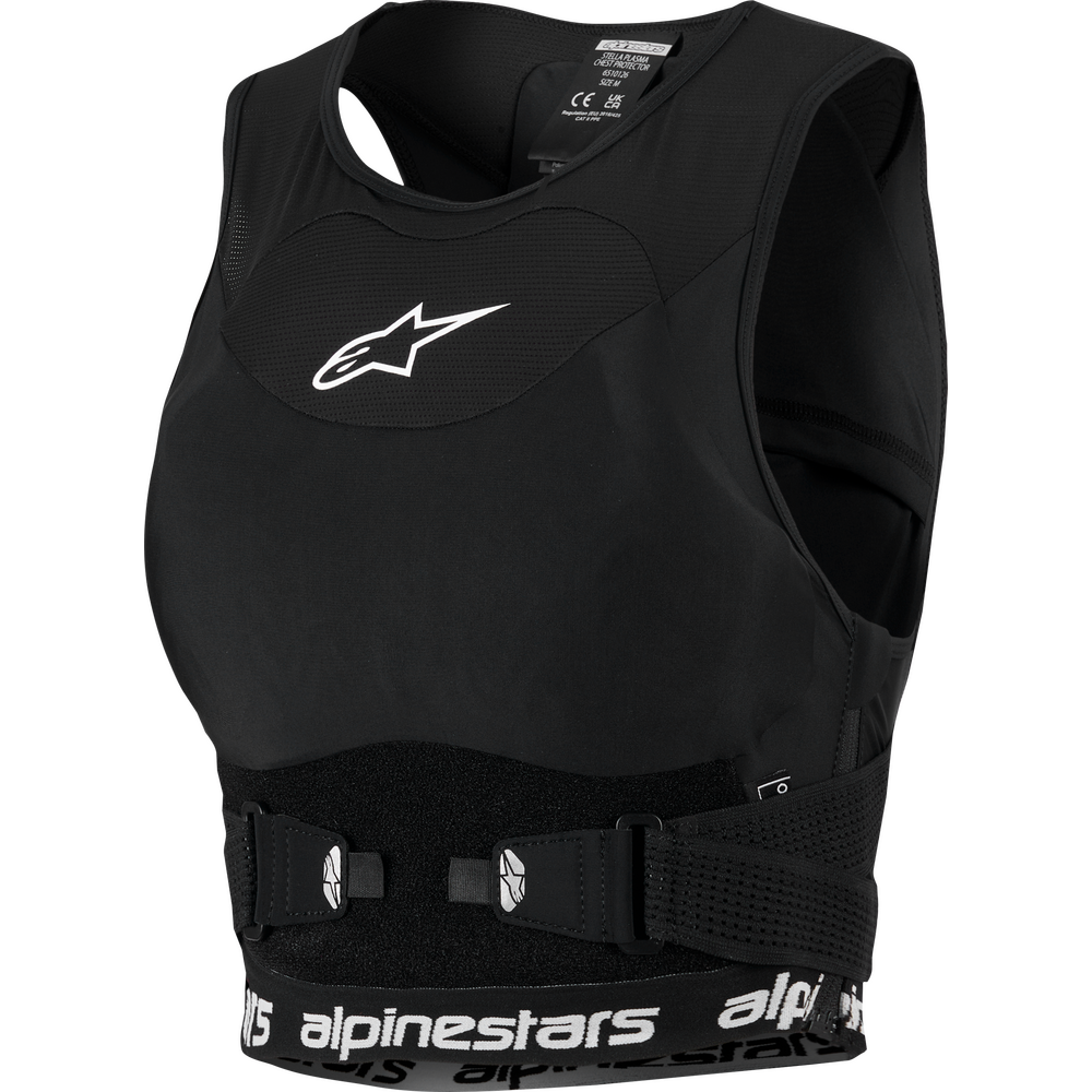 Front Alpinestars motorcycle armor vest with white logo branding, featuring a textured chest panel, side cutouts, and a padded waistband.