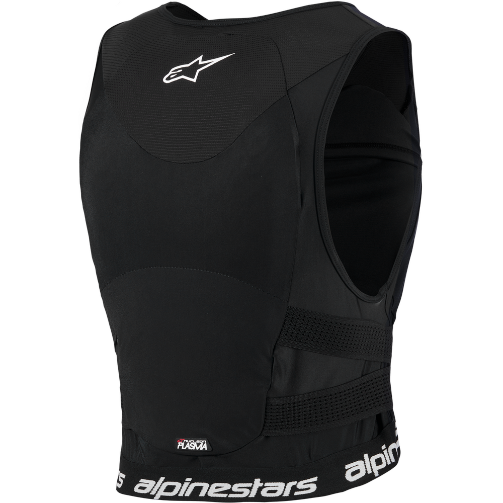 Black Alpinestars motorcycle armor vest with white logo branding, featuring a textured chest panel, side cutouts, and a padded waistband.