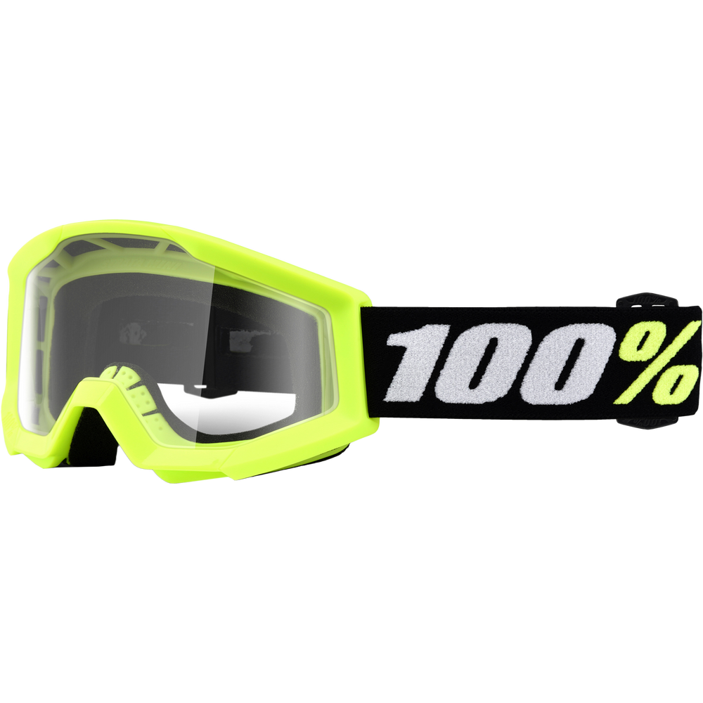 100% brand motocross goggles with a bright neon yellow-green frame, a clear protective lens, and a black strap featuring the white and neon yellow '100%' logo.