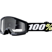 Black 100% brand motocross goggles with a clear shield lens and a black strap featuring a white and yellow logo.