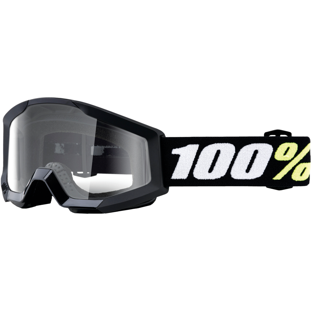 Black 100% brand motocross goggles with a clear shield lens and a black strap featuring a white and yellow logo.