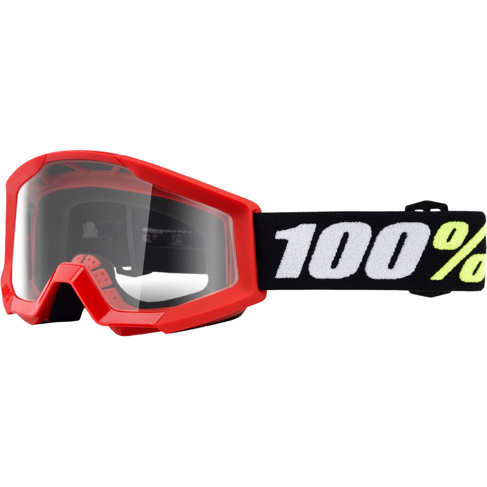 Red motocross goggles with a clear lens and a black strap featuring the white '100%' logo and a neon yellow accent.