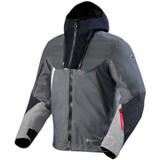 A gray and navy GORE-TEX hooded jacket with a full front zipper, shown on a light beige background.