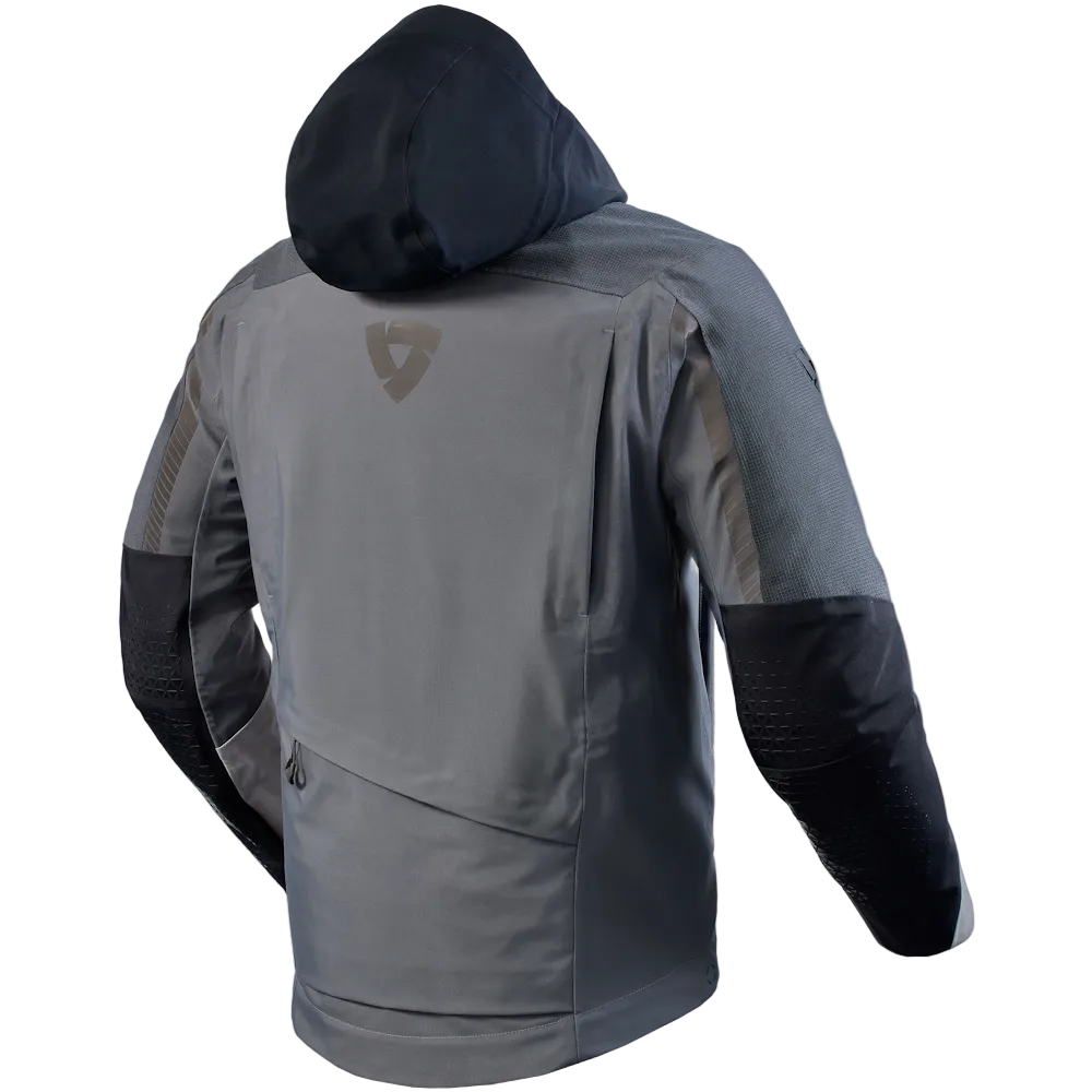 Ride jacket shown from the back, featuring a dark navy hood, a dark gray main body, and black textured elbow panels.