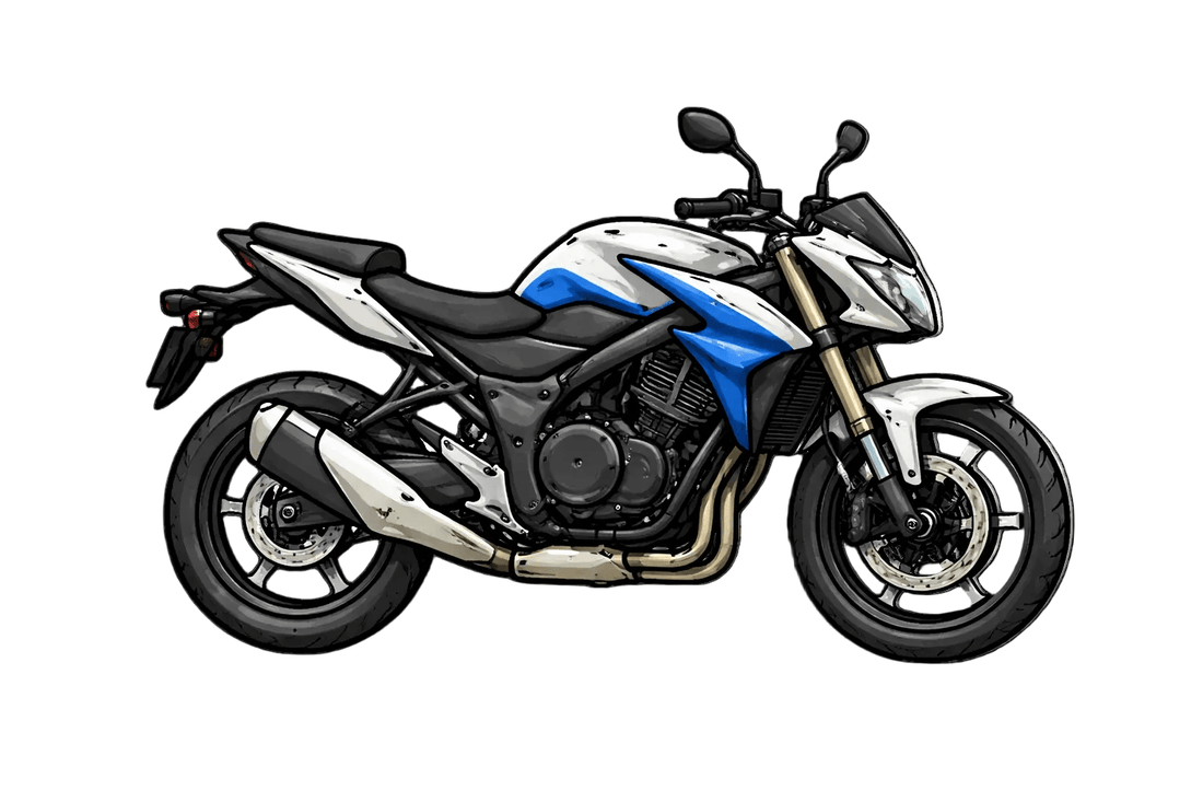Motorcycle with black and blue design on a white background