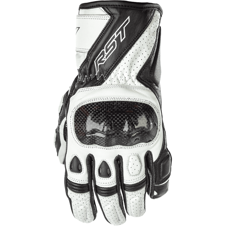 White motorcycle glove with black accents on a white background