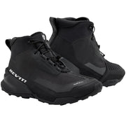 Black high-top sneakers with 'Rev'it' branding on a light gray background