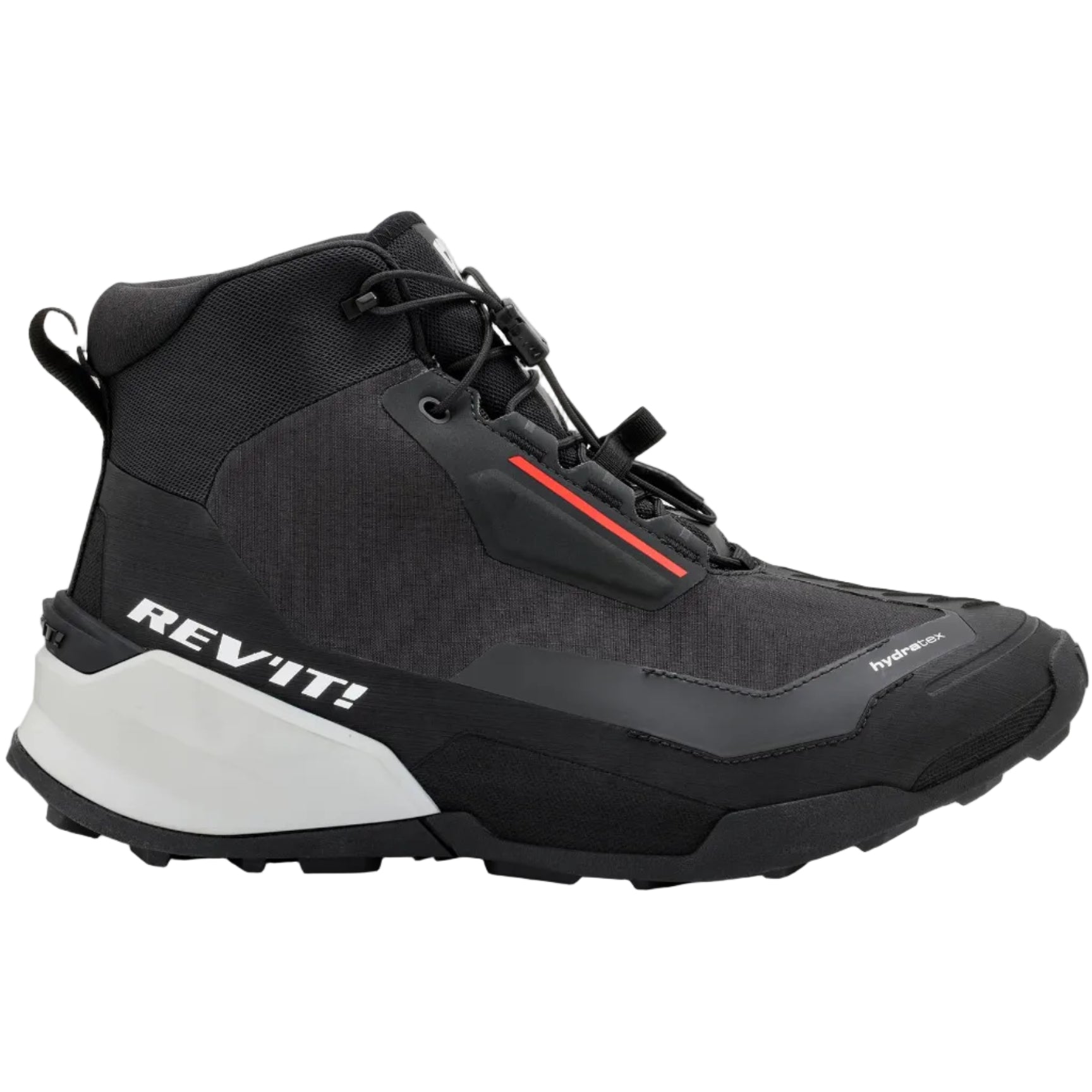 Black hiking boot with gray sole on a white background