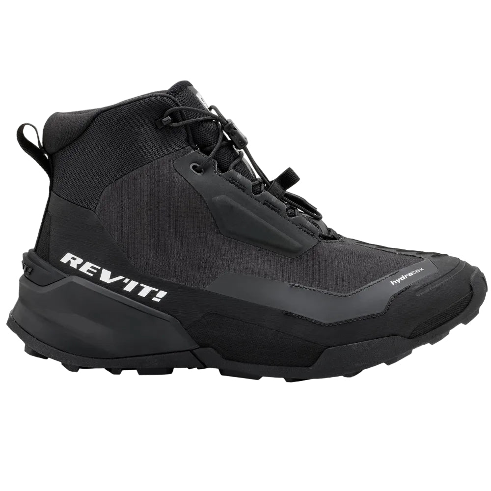 Black hiking boot with visible brand name on a white background