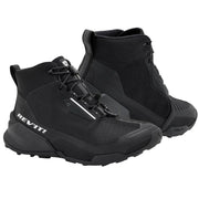 Black high-top sneakers with 'REV'IT!' branding on a light gray background
