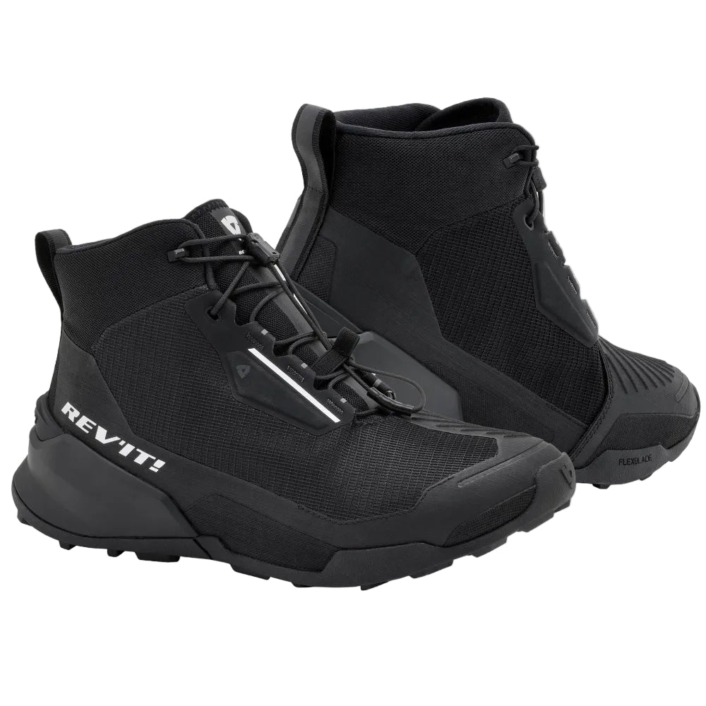 Black high-top sneakers with 'REV'IT!' branding on a light gray background
