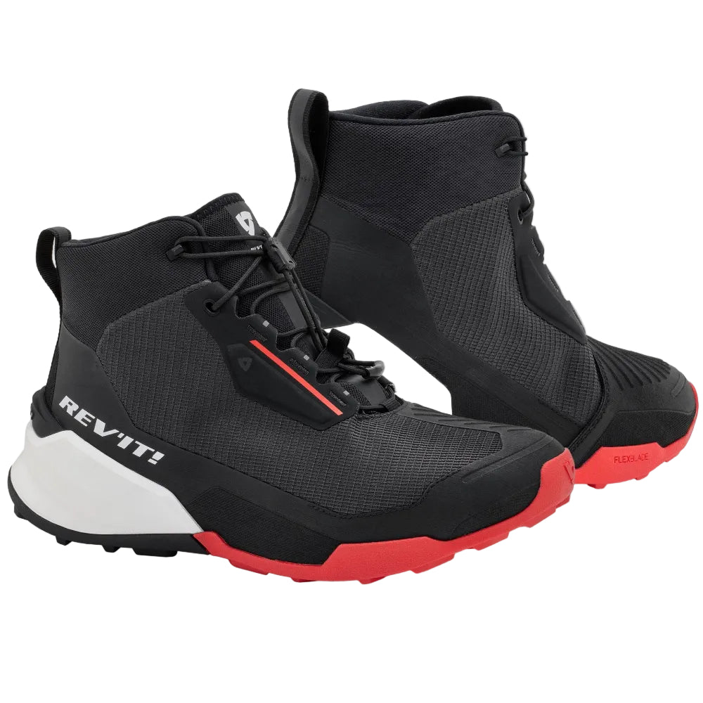 Black high-top sneakers with red accents on a light gray background